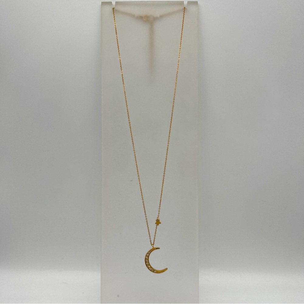 Gold Crescent Moon Pendant Necklace with Star Accent - Picture 2 of 4